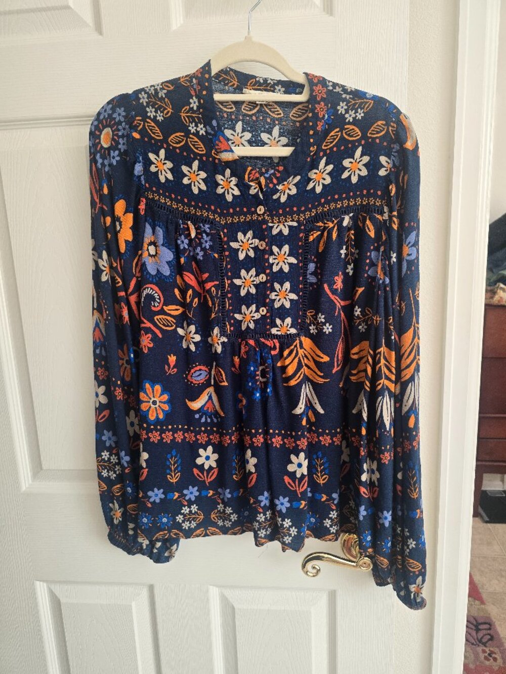 Easel Orange/Blue Floral Peasant Blouse Size L